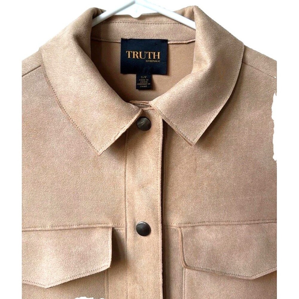 Truth by Republic Jacket Woman Vegan Leather Suede Beige Snap NEW Sz L *** - Picture 3 of 7